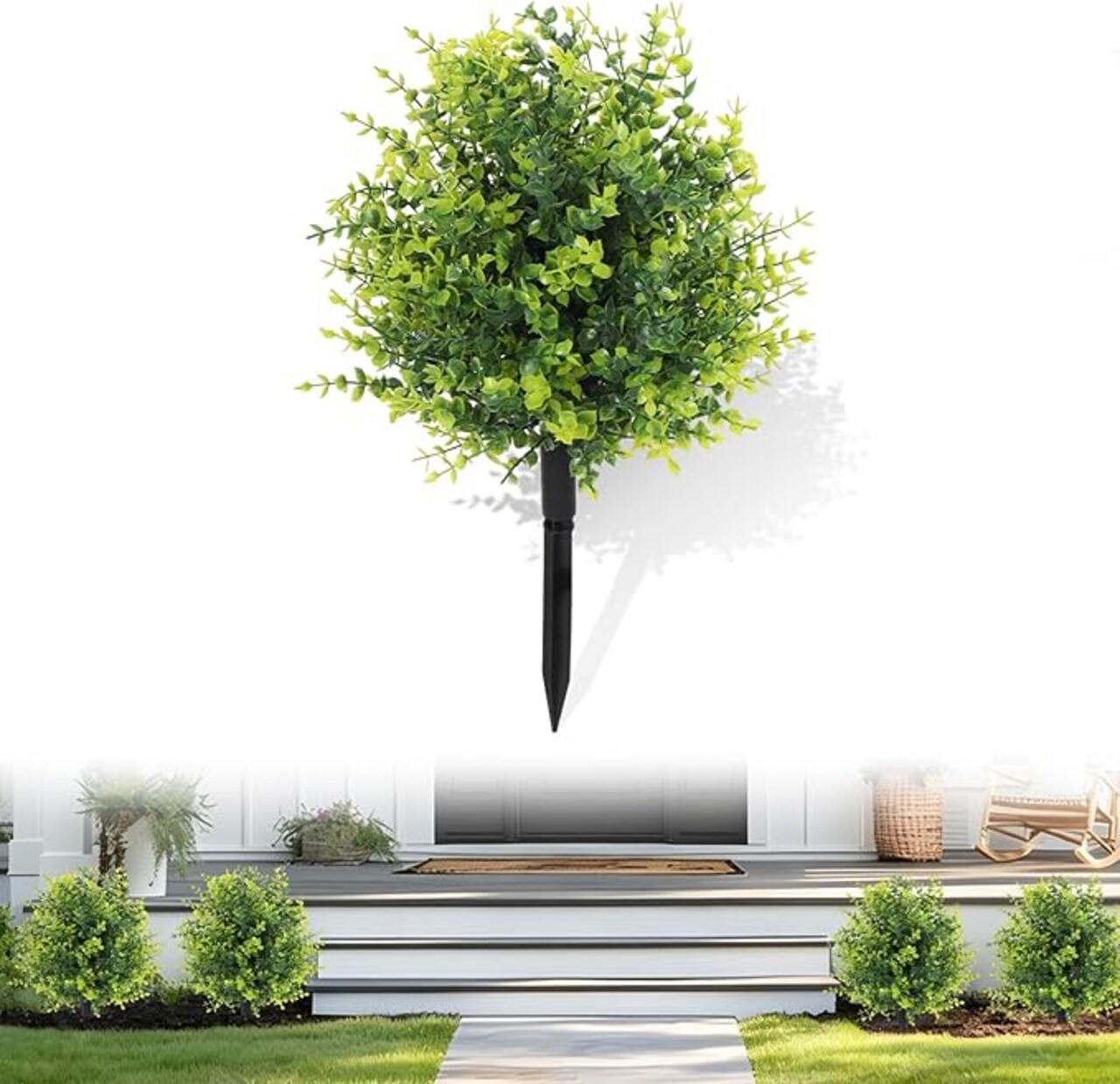 Artificial Green Eucalyptus Topiary Ball Tree with Ground Spike UV Resistant Artificial Outdoor Plant Faux Outdoor Greenery Fake Plant Bush Evergreen Shrub for Front Porch Garden Decor(Green)